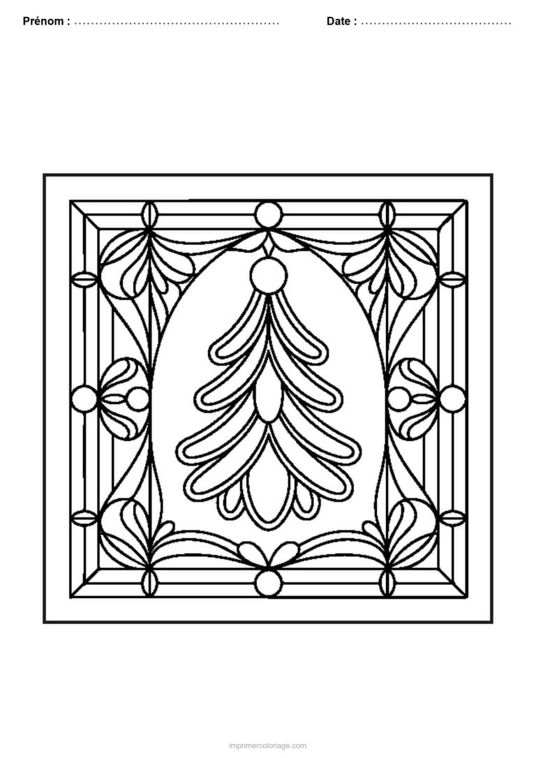 coloriage vitrail noel sapin stylise ornements - dessin gratuit &agrave; imprimer
