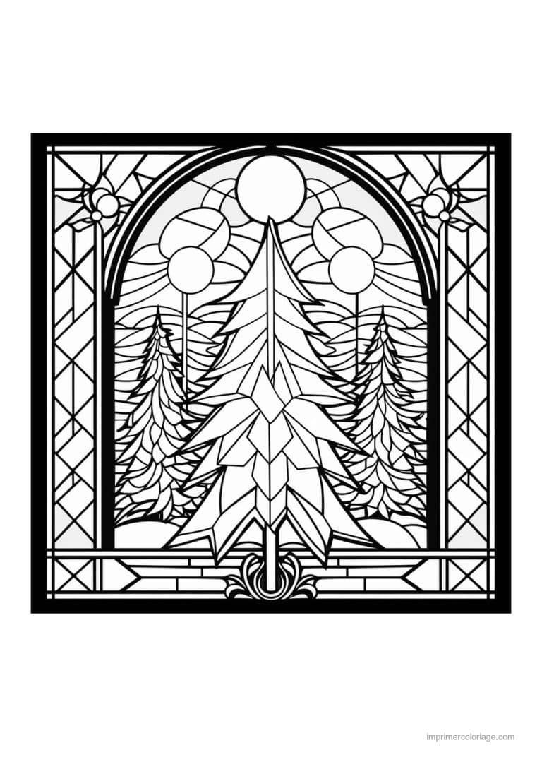 coloriage vitrail noel sapins fenetre arquee vitrail - dessin gratuit &agrave; imprimer