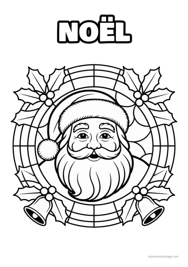 coloriage vitrail noel tete pere noel houx cloches vitrail - dessin gratuit &agrave; imprimer