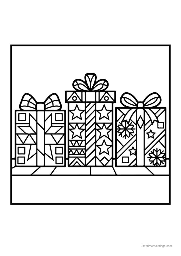 coloriage vitrail noel trois paquets cadeaux noeuds - dessin gratuit &agrave; imprimer