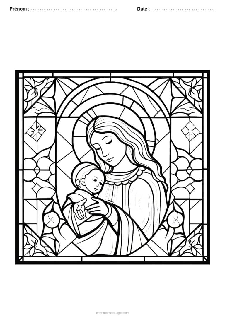 coloriage vitrail noel vierge enfant jesus - dessin gratuit &agrave; imprimer
